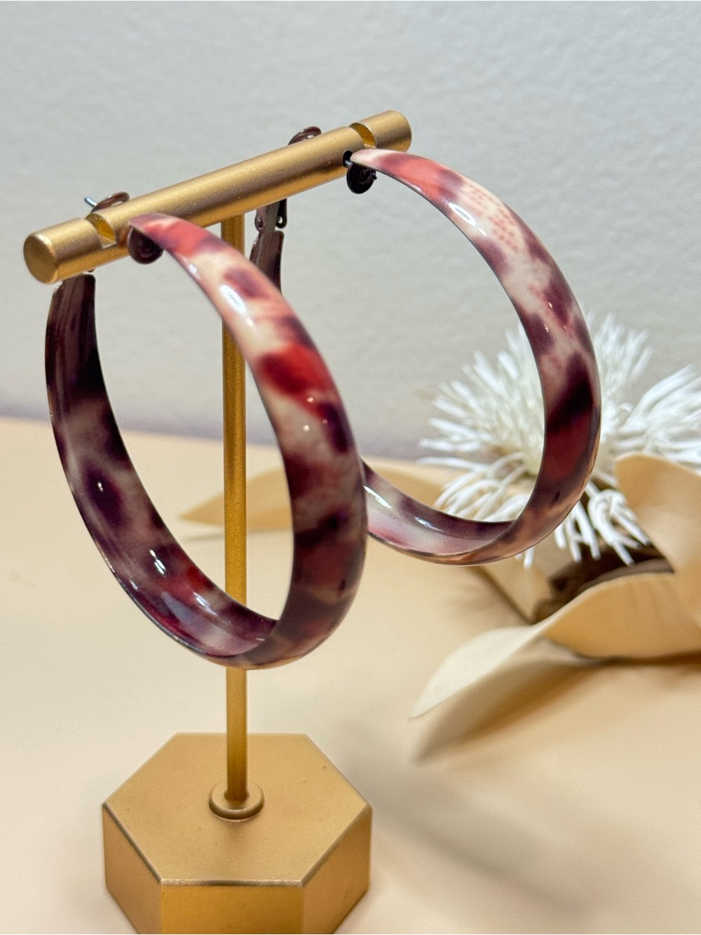 Vintage Oversized Marbled Red Cream Hoop Earrings Retro Statement Jewelry